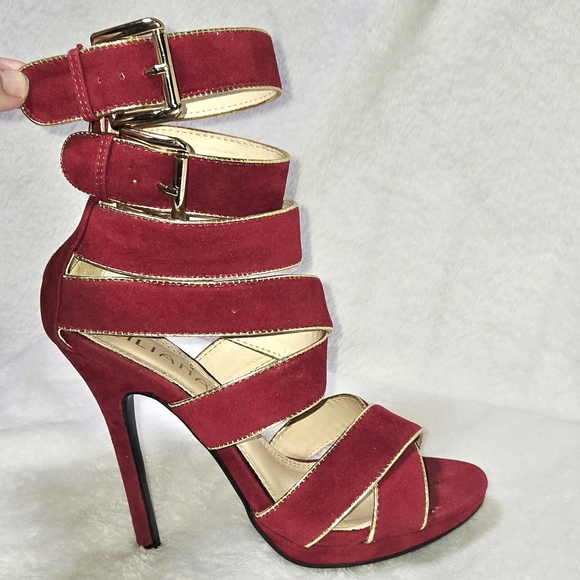 Liliana Red/Gold 4" Stiletto Heel W/ Crisscross Straps Buckles CLUB HOLIDAY BOLD - Picture 6 of 15